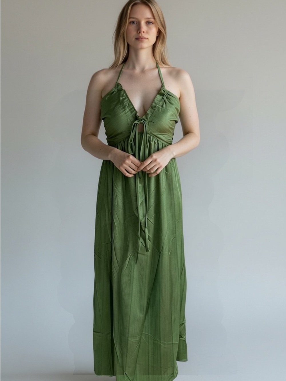 Green Halter Tie-Front Maxi Dress